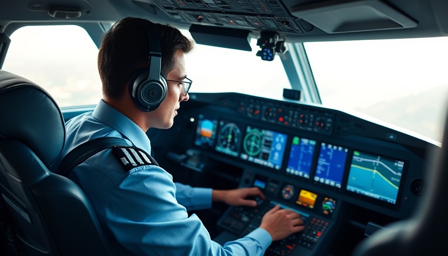 Single pilot operating modern aircraft controls in cockpit.