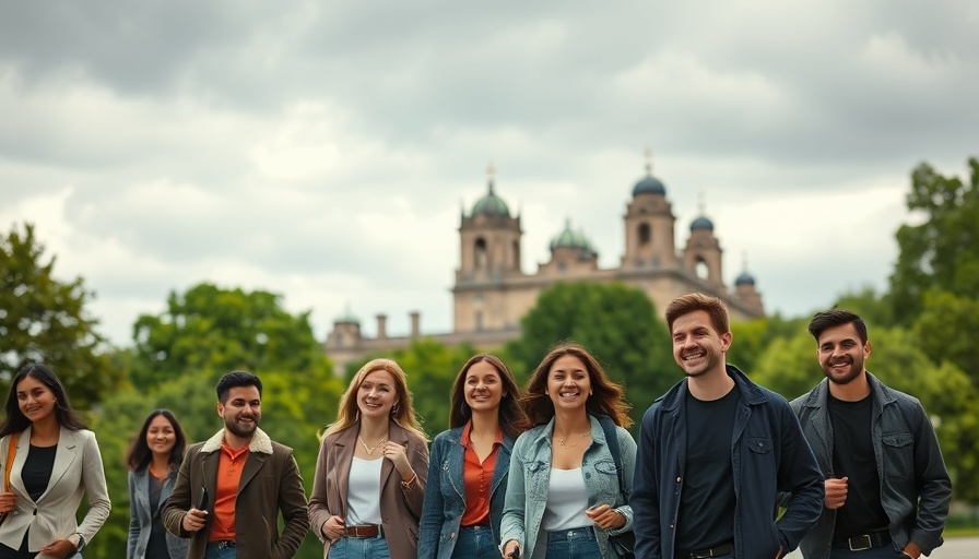 Influencer trips group exploring historic architecture