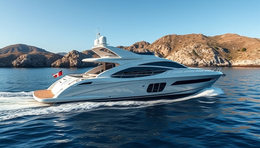 Luxurious yacht on calm sea with rocky coastline, Baglietto sustainability report.