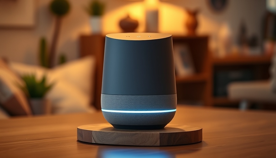 Google Home on wooden platform, highlighting glowing LED lights.