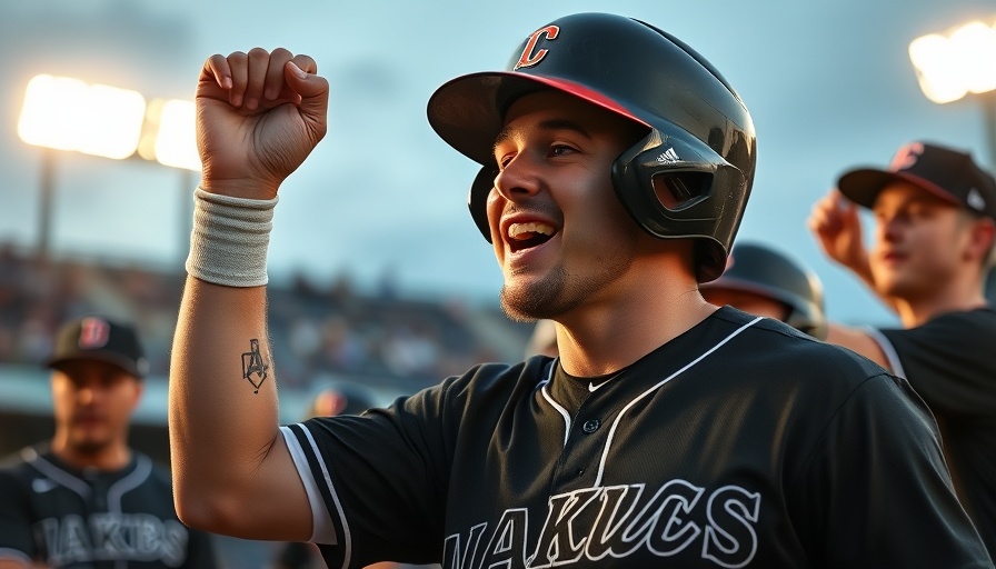 MLB player in black uniform celebrates under stadium lights.