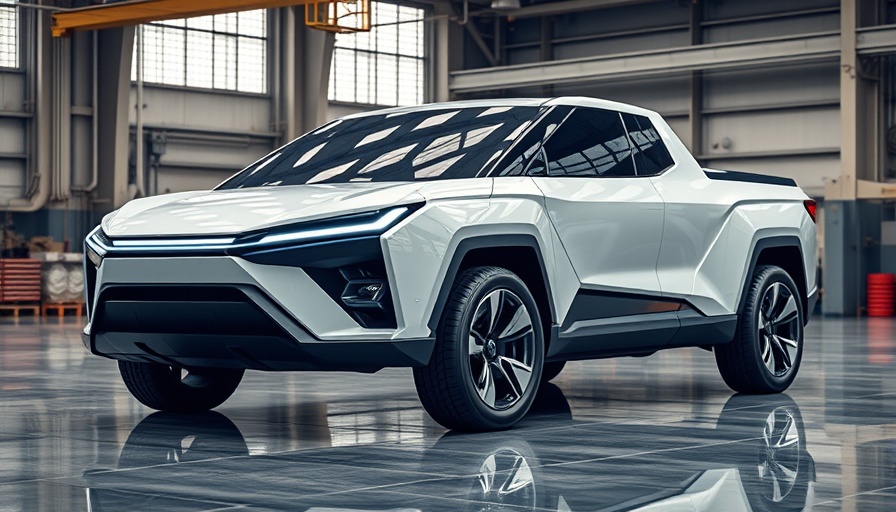 Futuristic electric pickup truck design under bright lighting.