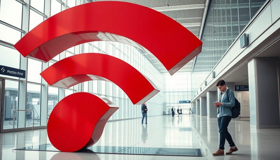Large red Wi-Fi symbol at airport, highlighting Wi-Fi 8 improvements.