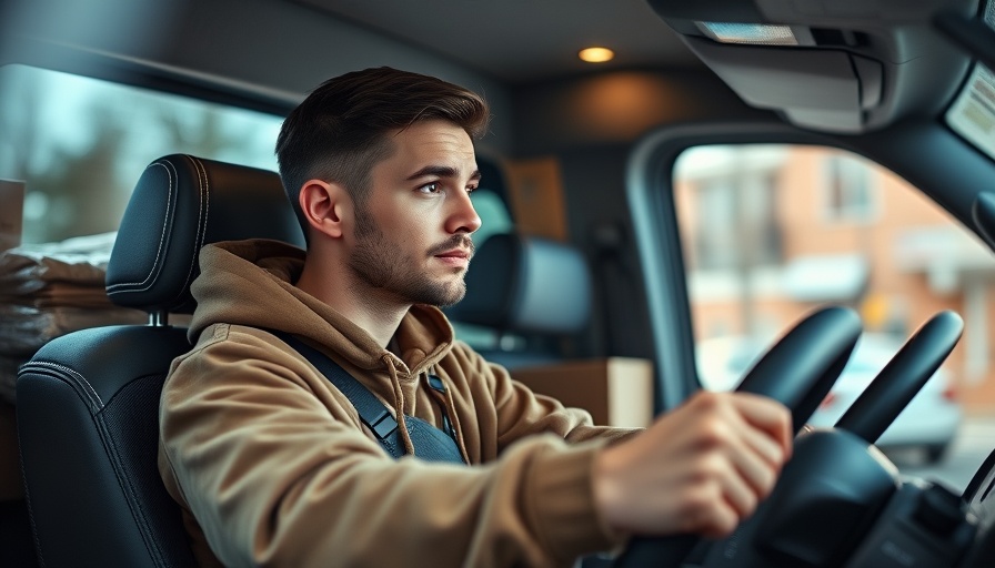Young delivery driver adjusting steering wheel in a van.