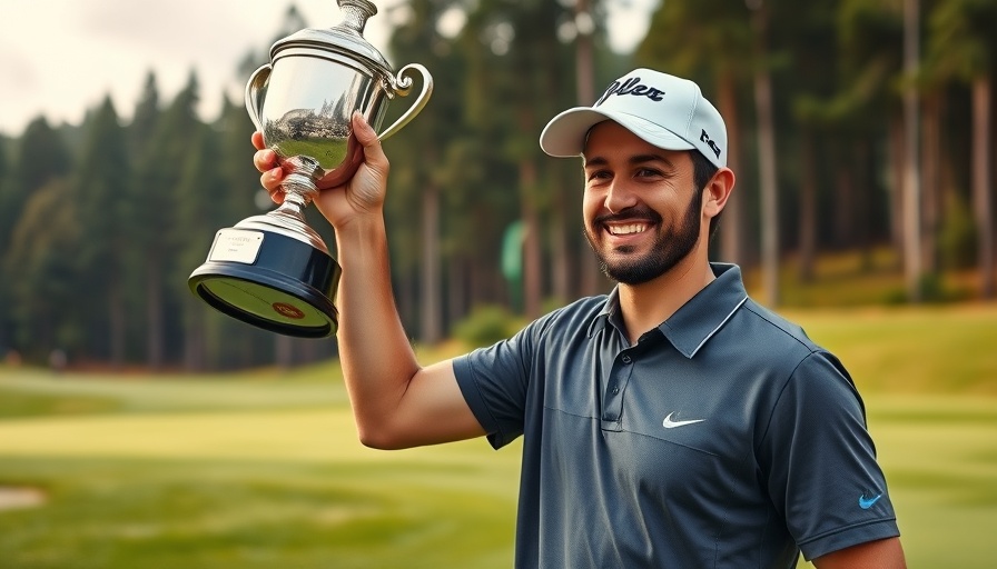 Golfer celebrating PGA Tour title with trophy on golf course