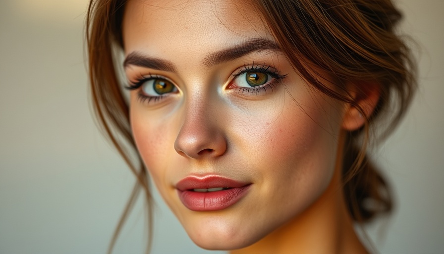 Close-up of confident woman showcasing glowing skin, Merit Beauty marketing strategy.