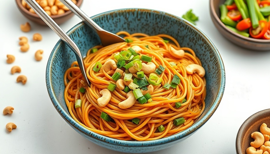 Delicious spicy cashew scallion noodles in a blue bowl with tongs.