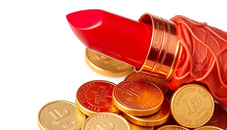 Elegant red lipstick with coins, best makeup products symbol.