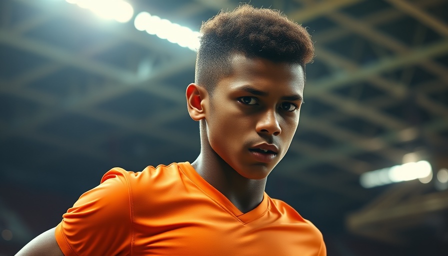 Dynamic athlete in orange jersey, determined look under stadium lights.