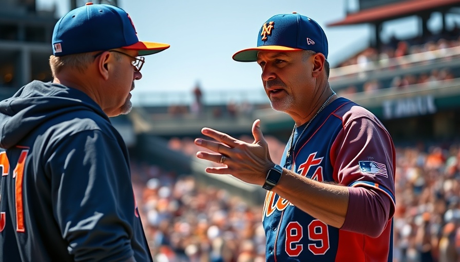 Mets coach gesturing to player, stadium setting.