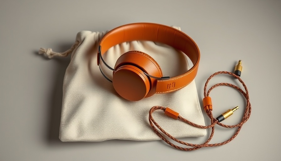 Hermès leather-wrapped headphones with accessories on beige background.