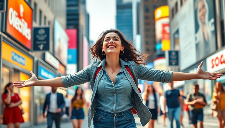 Joyful woman enjoying a stroll in bustling city related to Regina King's Wine Brand.