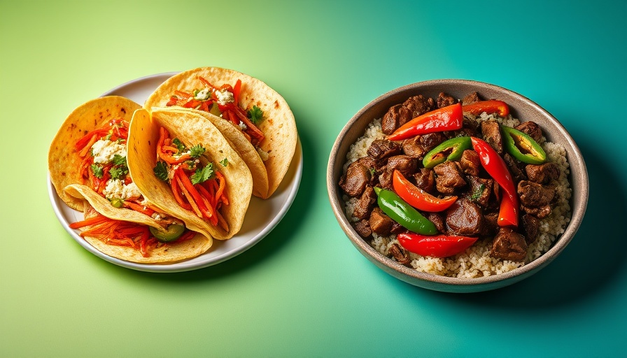 Colorful Home Chef meal kits with tacos and stir-fry.