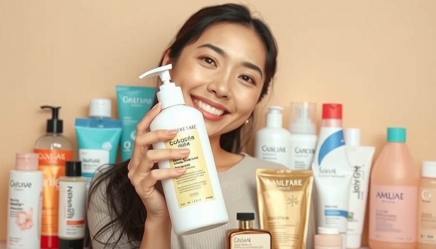 Smiling woman showcasing Korean body care products.