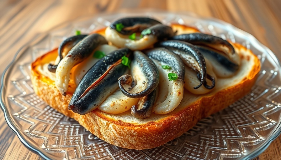 Boquerones recipes on toast with herbs on glass plate.