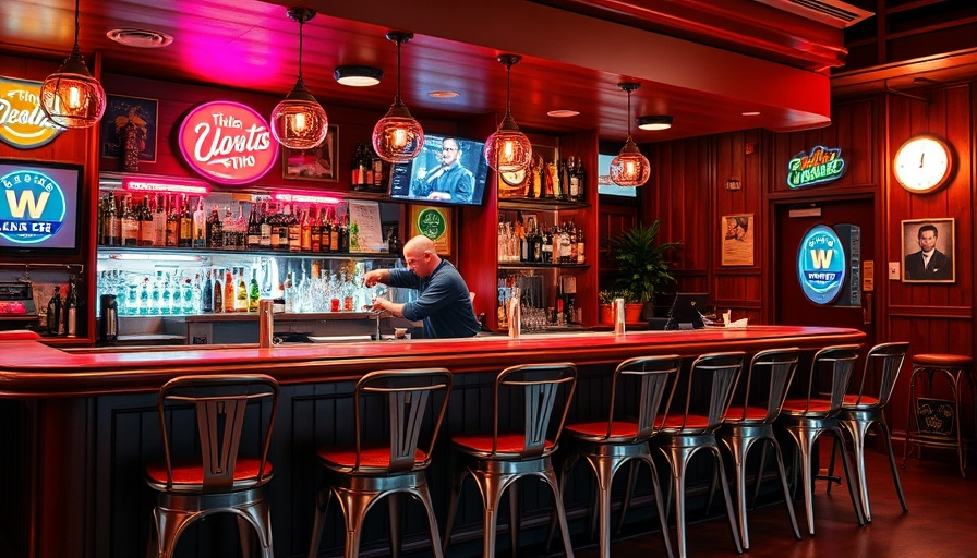 Retro bar counter at Hank's Garage and Grill Shawnee with stools and bartender.