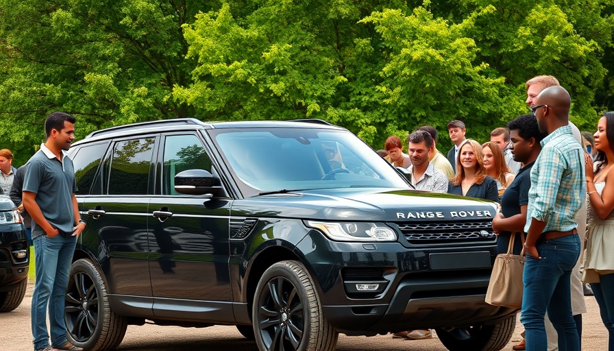 Group observes Queen Elizabeth's classic car auction, Range Rover at horse event.