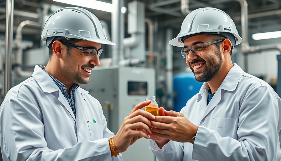 Engineers examining liquid sample in industrial lab.