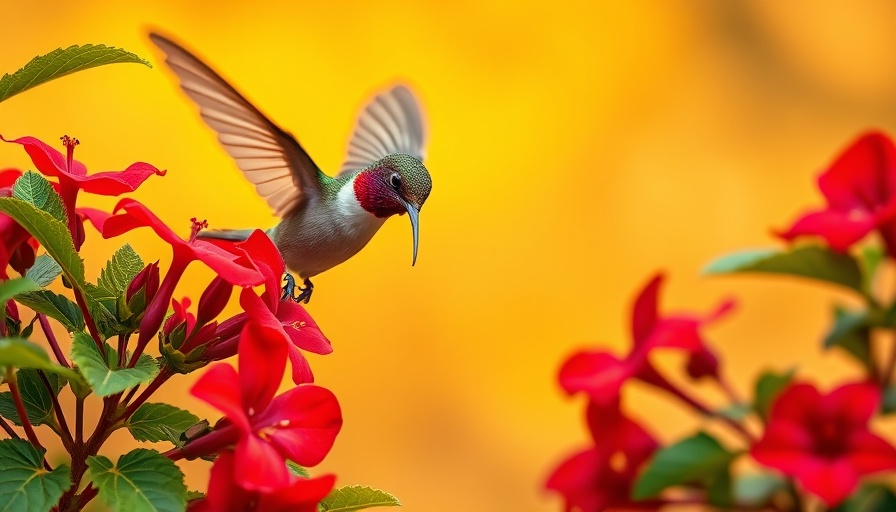 Hummingbird feeding on red flowering plant attracting hummingbirds.