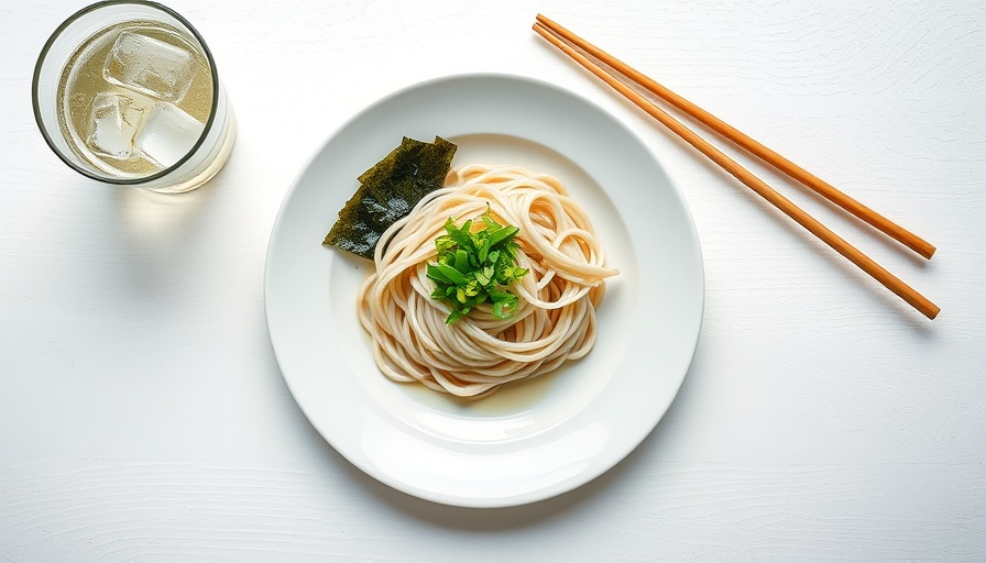Iced soba noodles recipe with garnishes on a white plate.