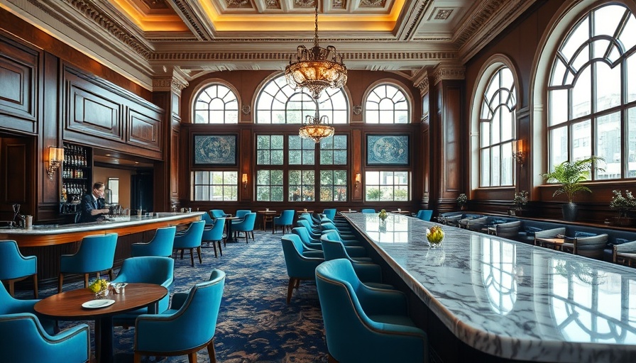 Elegant Kansas City hotel bar with plush seating and arched windows.