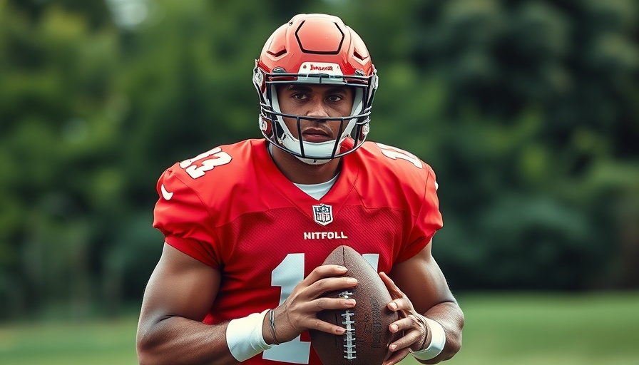 Focused player in red jersey at Titans camp, holding football.