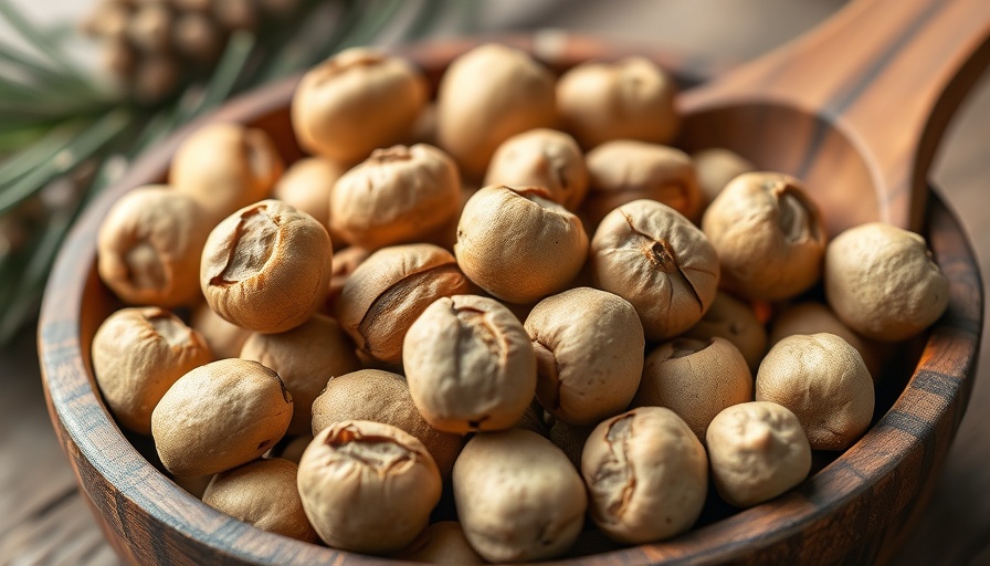 Close-up of pine nuts in a wooden dish related to Pine Mouth Syndrome.