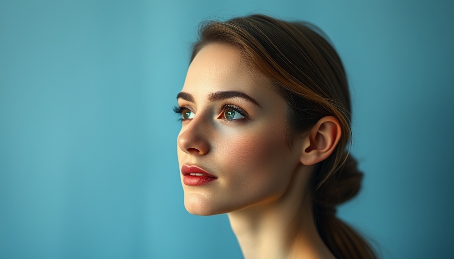 Elegant woman with soft expression in blue illuminated setting.