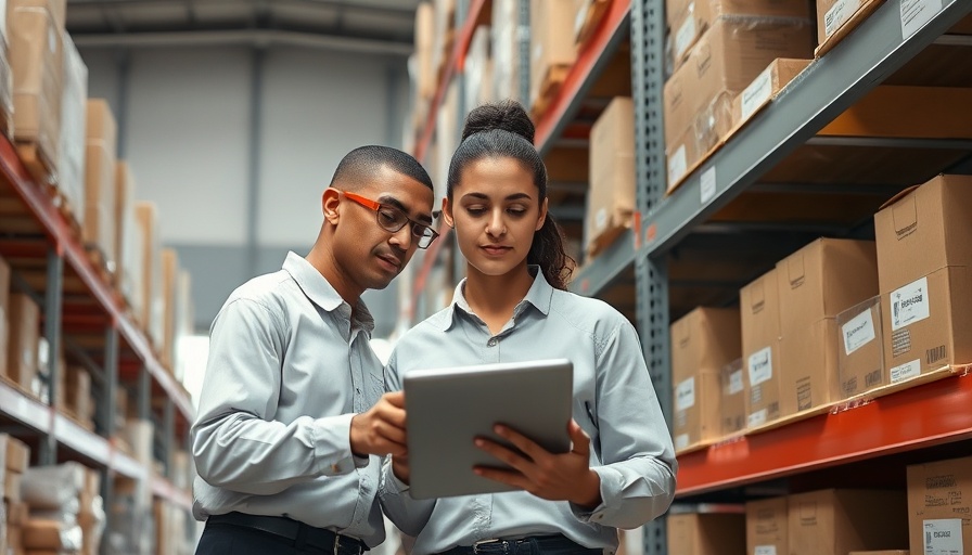 Professionals using tablet in warehouse, material inventory management software concept.