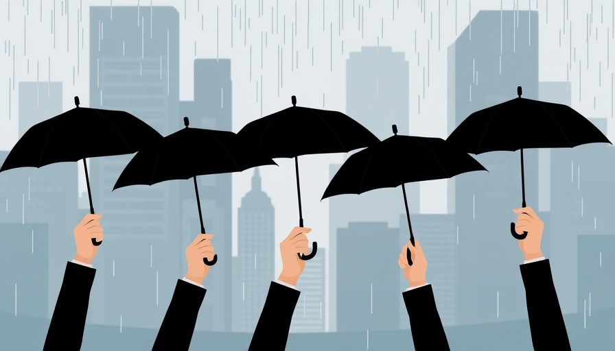 Minimalist illustration of umbrellas in rain for 12-minute meditation.