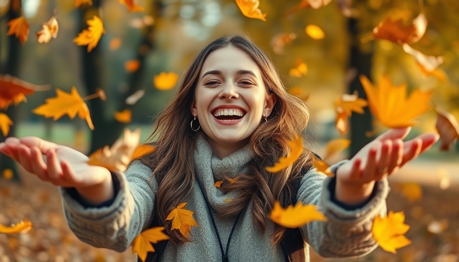 Cheerful woman enjoying fall leaves, perfect for a Fall Wellness Reset.