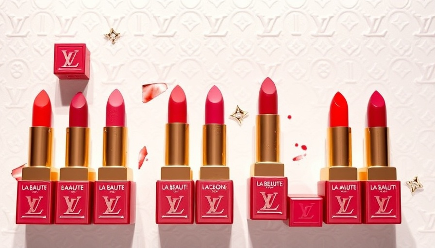 Elegant display of La Beauté Louis Vuitton lipsticks with gold accents.