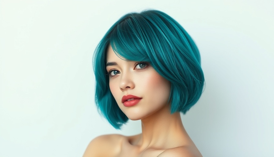 Woman with vibrant teal short-cropped hair, composed expression