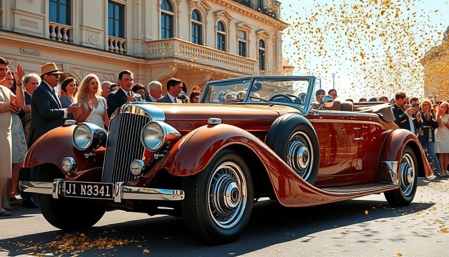 Hispano-Suiza Tulipwood Torpedo at classic car show under confetti.