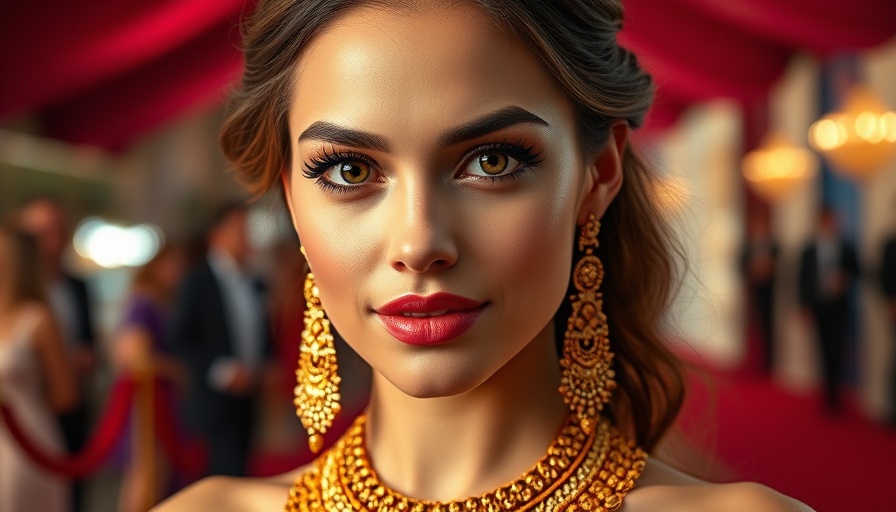 Elegant woman wearing golden jewelry at a red carpet event