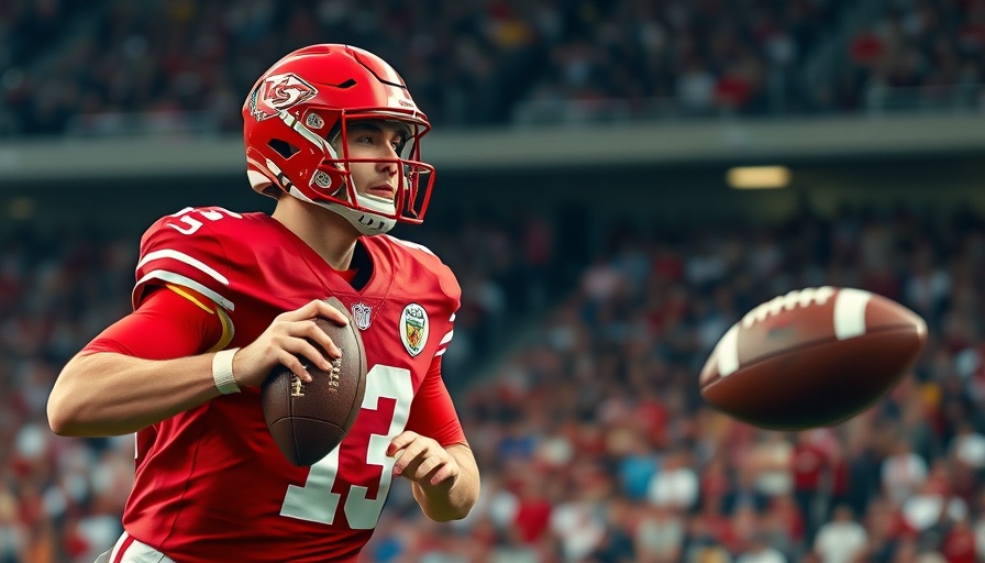 Football player in red jersey preparing to throw a pass on field.