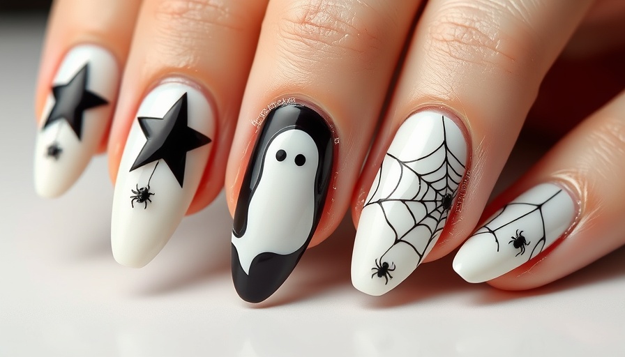 Stylish Halloween nail art ideas with black stars, ghosts, spider webs.