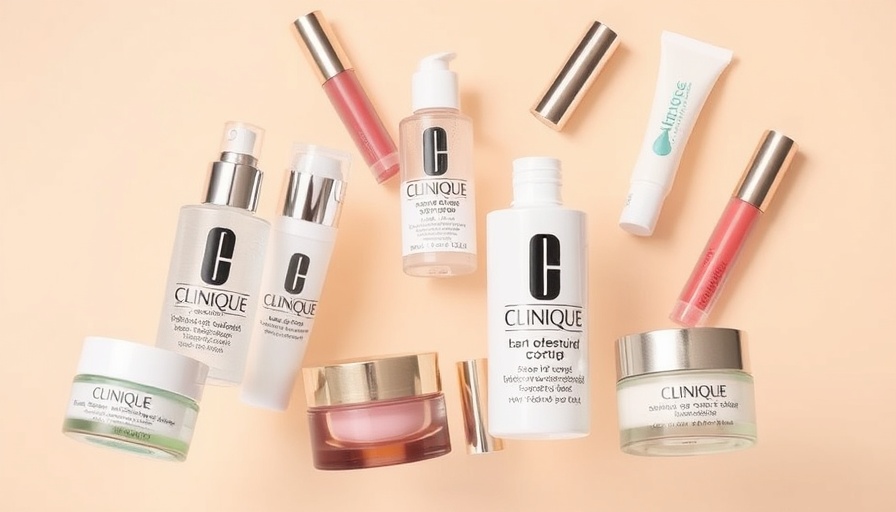 Assorted Clinique products floating on beige background.