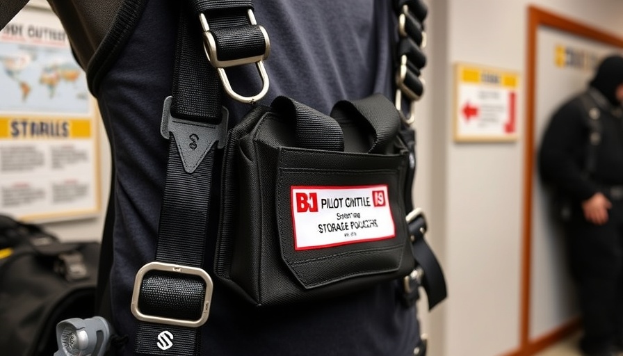 Skydiving harness with labeled chute parts in safety protocol setting.