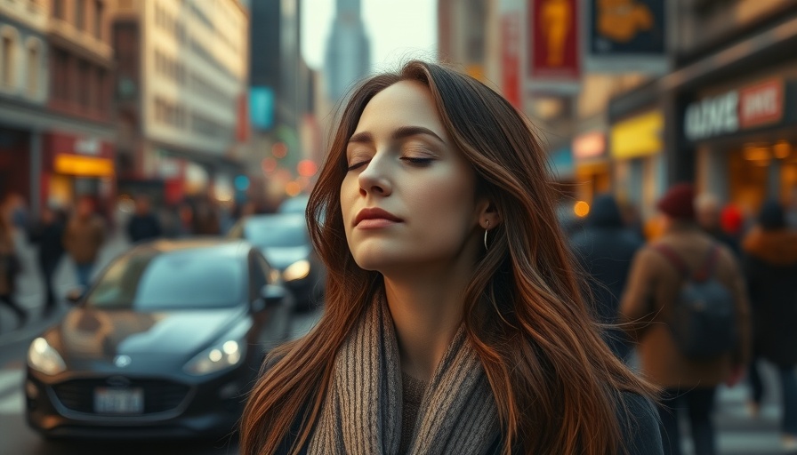 Calm woman practicing mindfulness in bustling city.