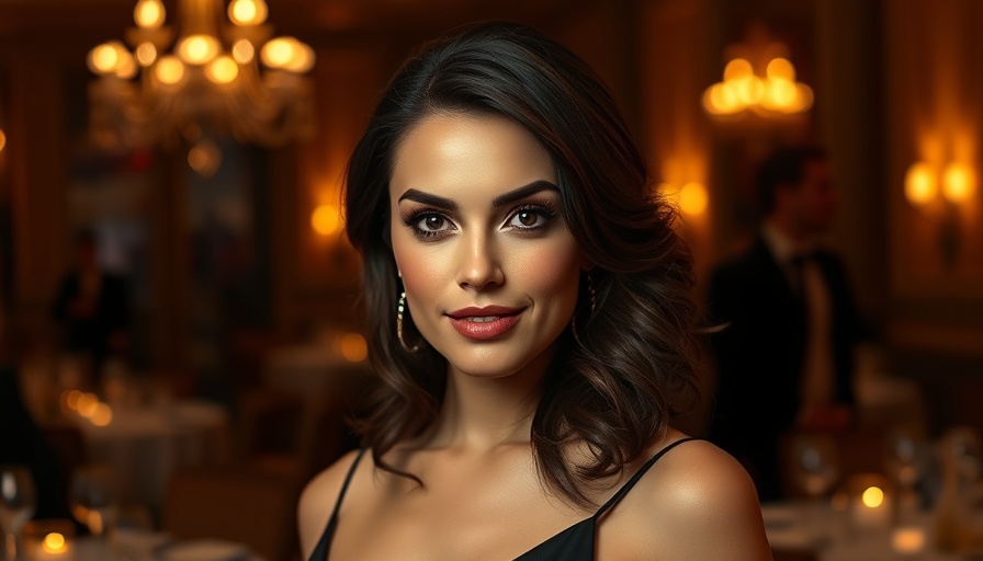 Elegant brunette woman with confident expression at a dinner event.