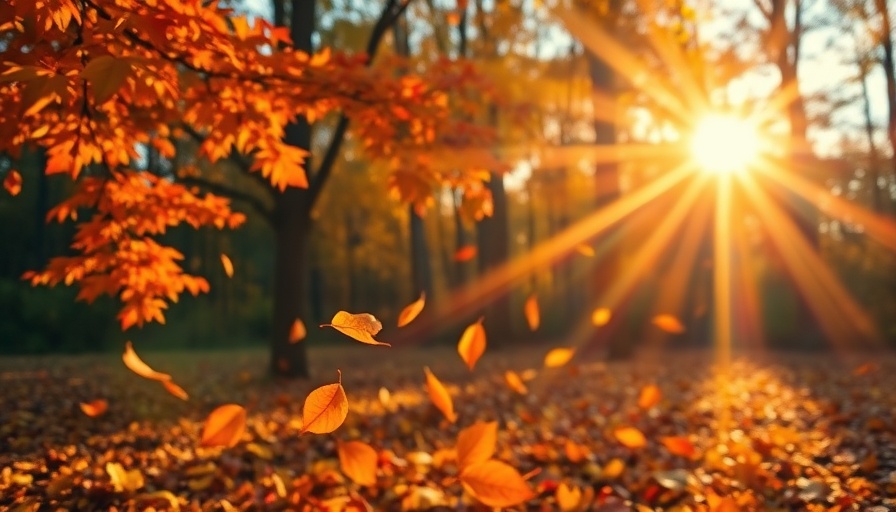 Vibrant autumn scene with falling leaves and sun rays, September is the new January.