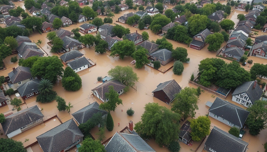 Aerial view of flood-affected area highlighting tax relief for natural disasters.