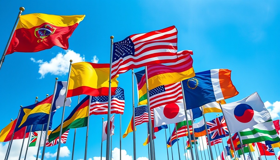 Global tariff updates concept with international flags under a sunny sky.