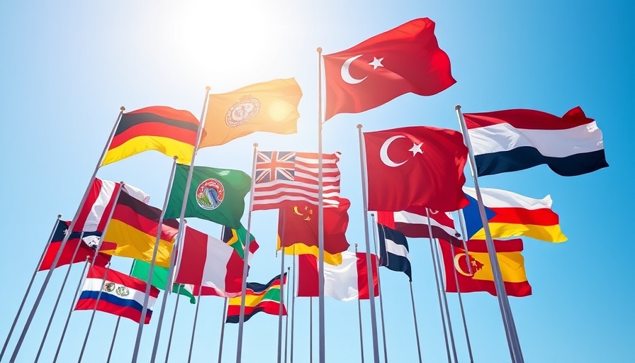 International flags symbolizing global unity and trade under clear sky.