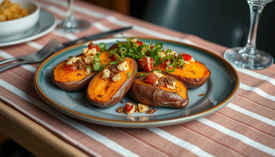 Gourmet sweet potatoes dish with vibrant garnishes on a striped tablecloth.