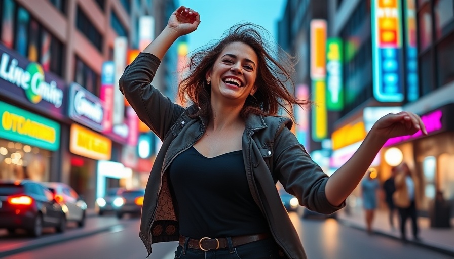 Young woman dancing with vibrant city lights, flow state.