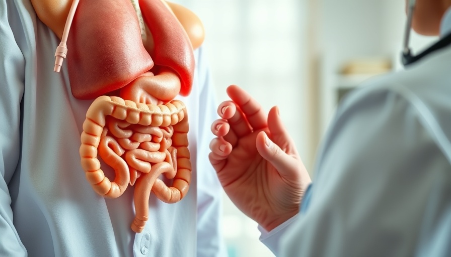 Doctor explaining digestive system model during medical consultation.