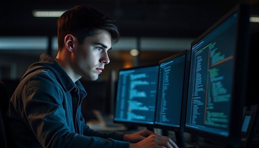 AI code generation tool usage by programmer in dimly lit room.