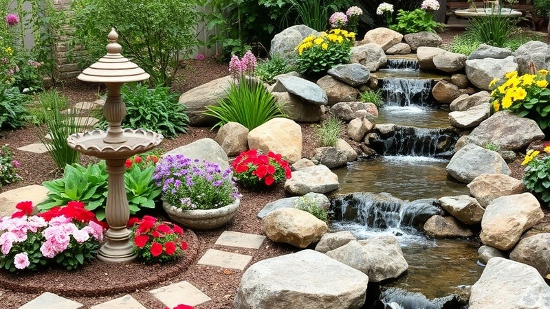A serene backyard oasis featuring vibrant flower beds, a bird bath, and a soothing waterfall.